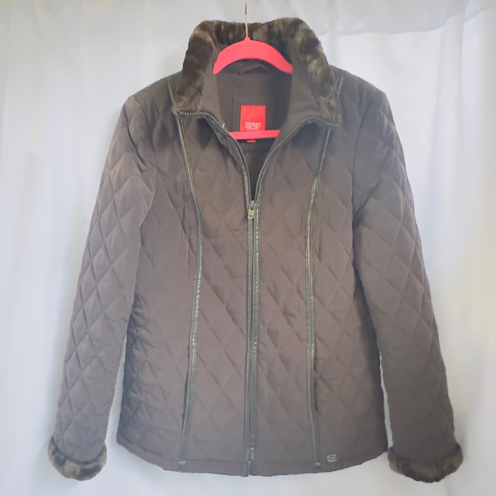 ESPRIT VTG Women's Brown Faux Fur Collar & Cuffs Quilted Jacket Zip Front Piping